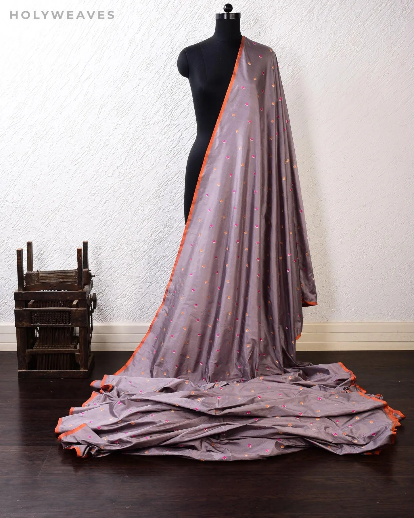 Gray Banarasi Alfi Maheen Buti Kadhuan Brocade Handwoven Katan Silk Fabric