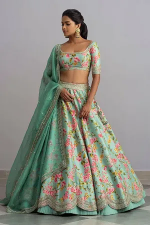 Green Party Wear Lehenga Choli With Malay Satin Digital Print Chaniya Indian Wedding Dresses, Evening Wear Lehenga Choli For Women