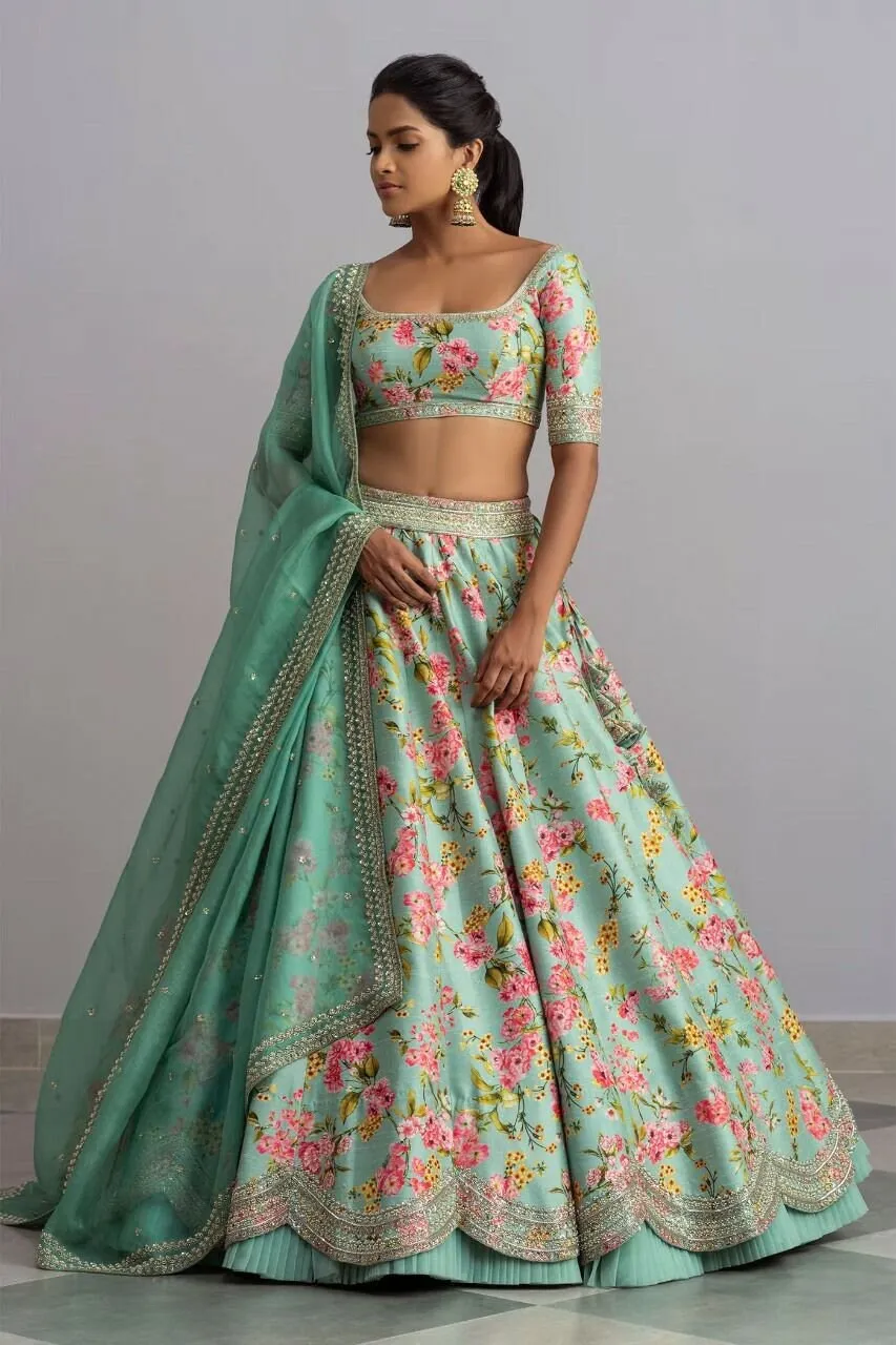 Green Party Wear Lehenga Choli With Malay Satin Digital Print Chaniya Indian Wedding Dresses, Evening Wear Lehenga Choli For Women