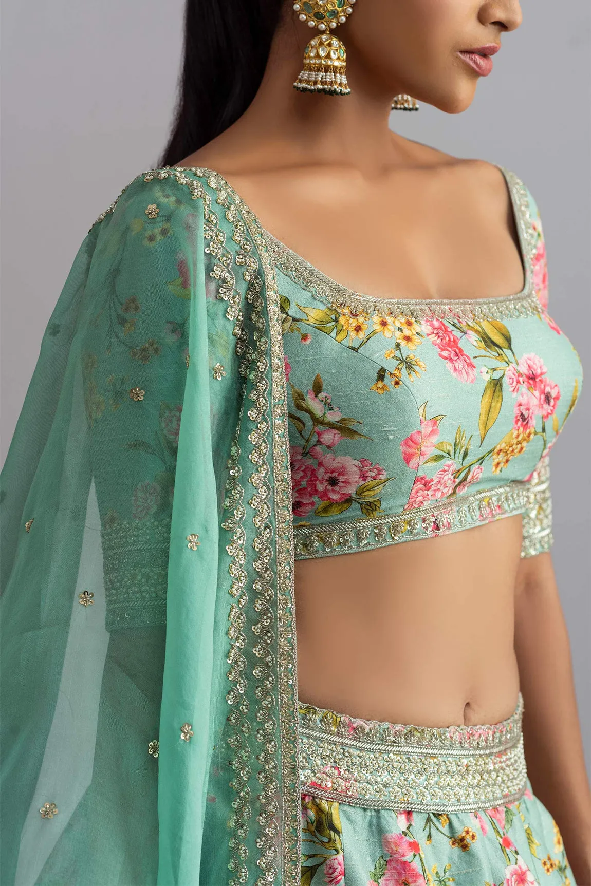 Green Party Wear Lehenga Choli With Malay Satin Digital Print Chaniya Indian Wedding Dresses, Evening Wear Lehenga Choli For Women