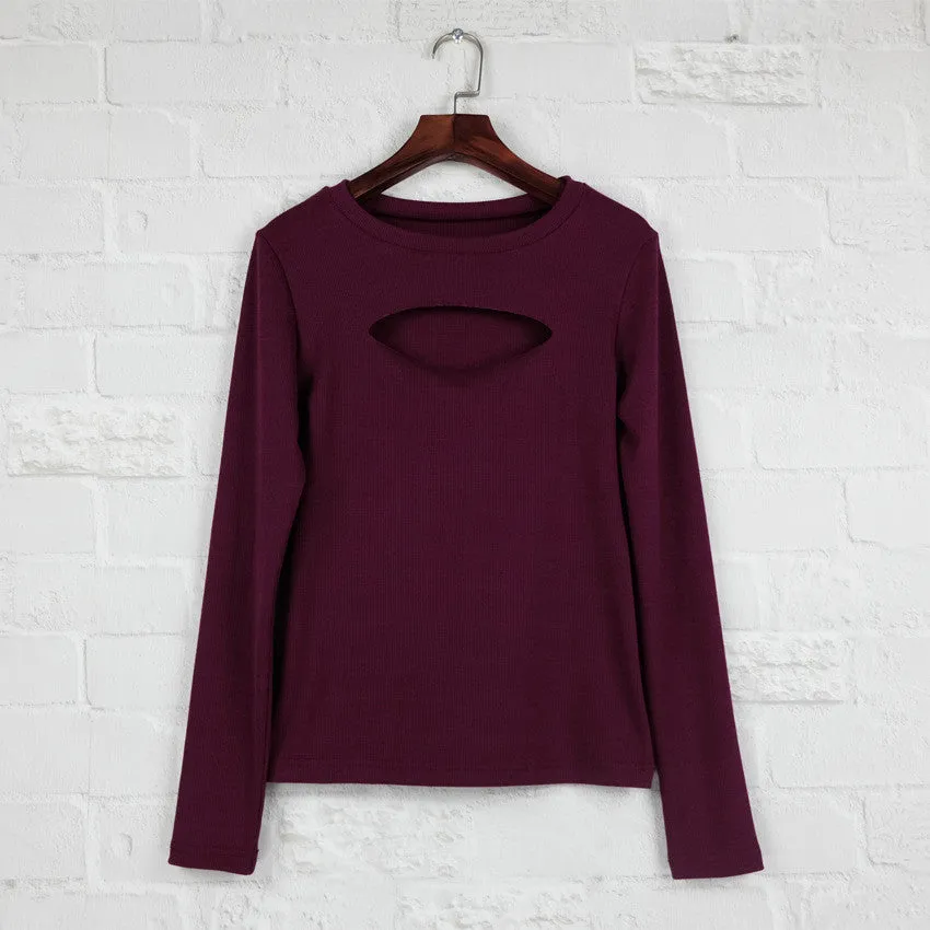 Hollow Out Long Sleeves Pure Color Slim Short T-shirt