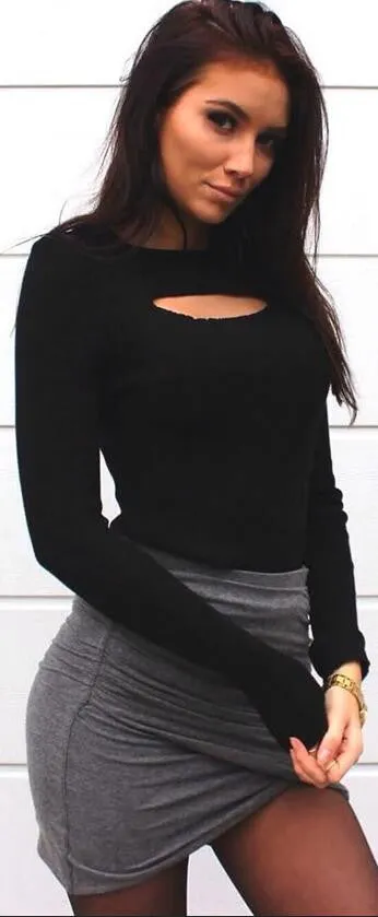 Hollow Out Long Sleeves Pure Color Slim Short T-shirt