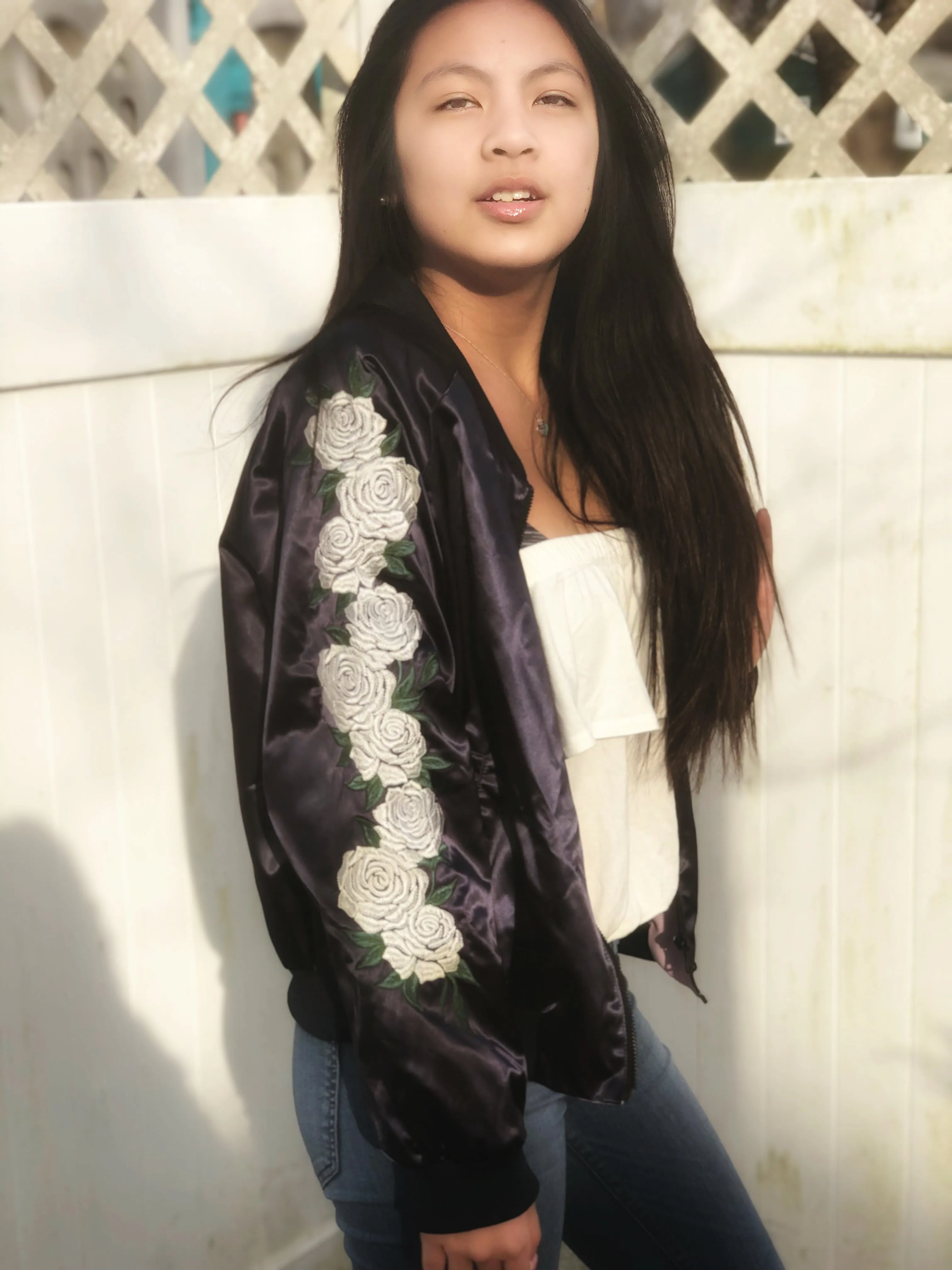 Ivory Rose Embroidered Reversible Bomber Jacket