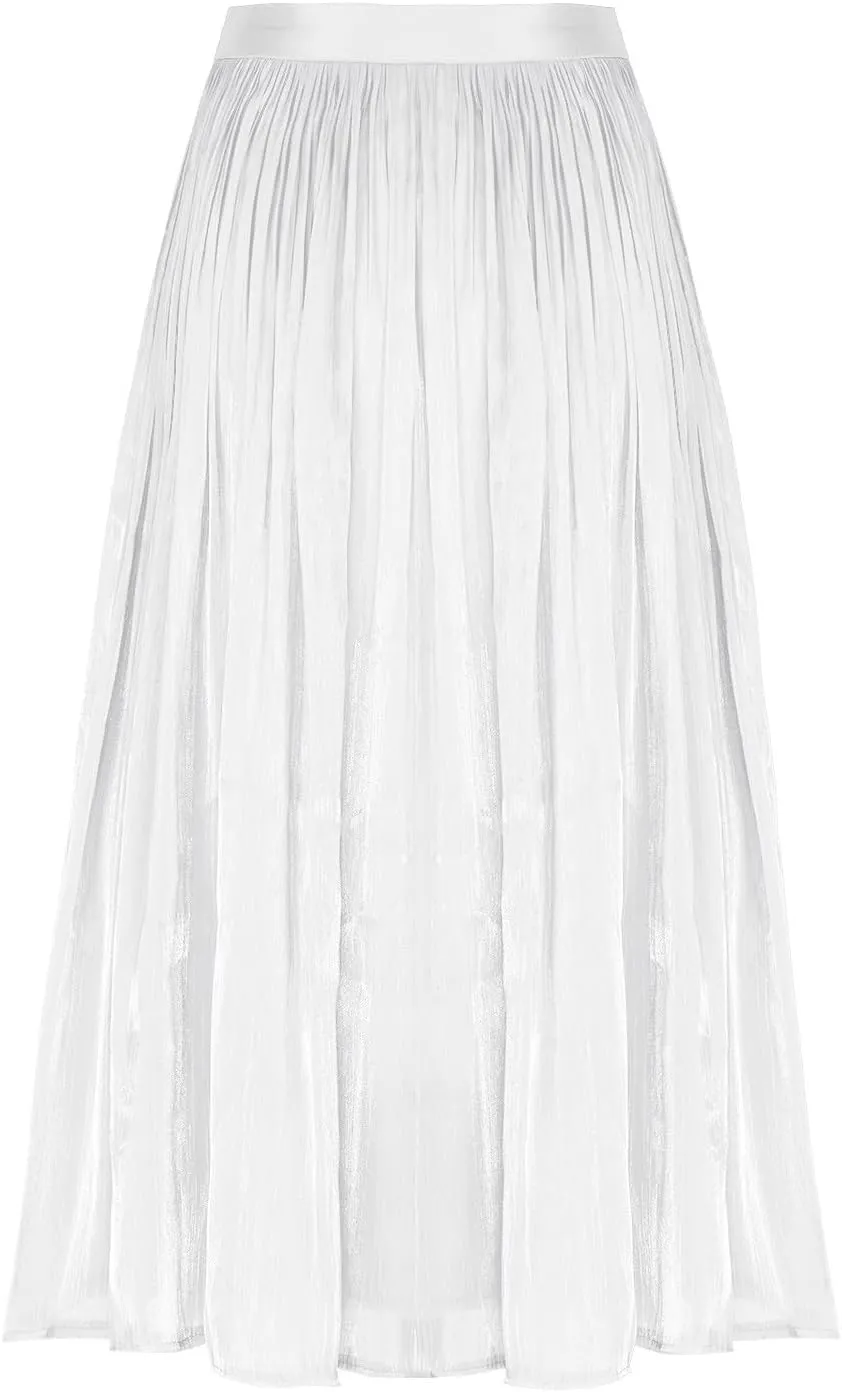 Ladies Trendy Elegant Tulle Skirt Pleated High Waist Tummy Control Midi Skirts Party Dance A-Line Swing Skirt Dress