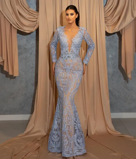Luxury Long Blue Lace Mermaid Prom Dresses With Sleeves