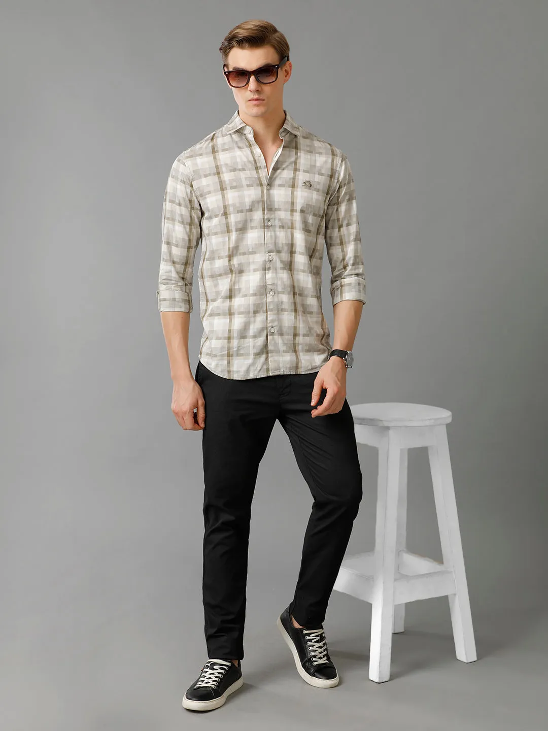 Men Brown Checked Slim Fit Giza Cotton Casual Shirt