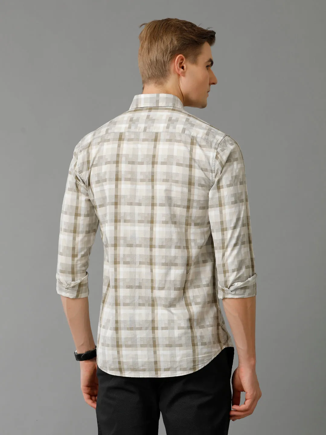 Men Brown Checked Slim Fit Giza Cotton Casual Shirt