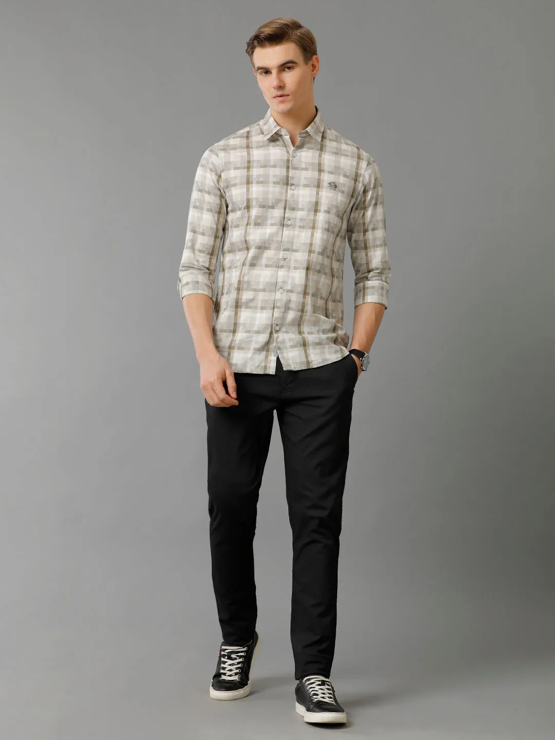 Men Brown Checked Slim Fit Giza Cotton Casual Shirt