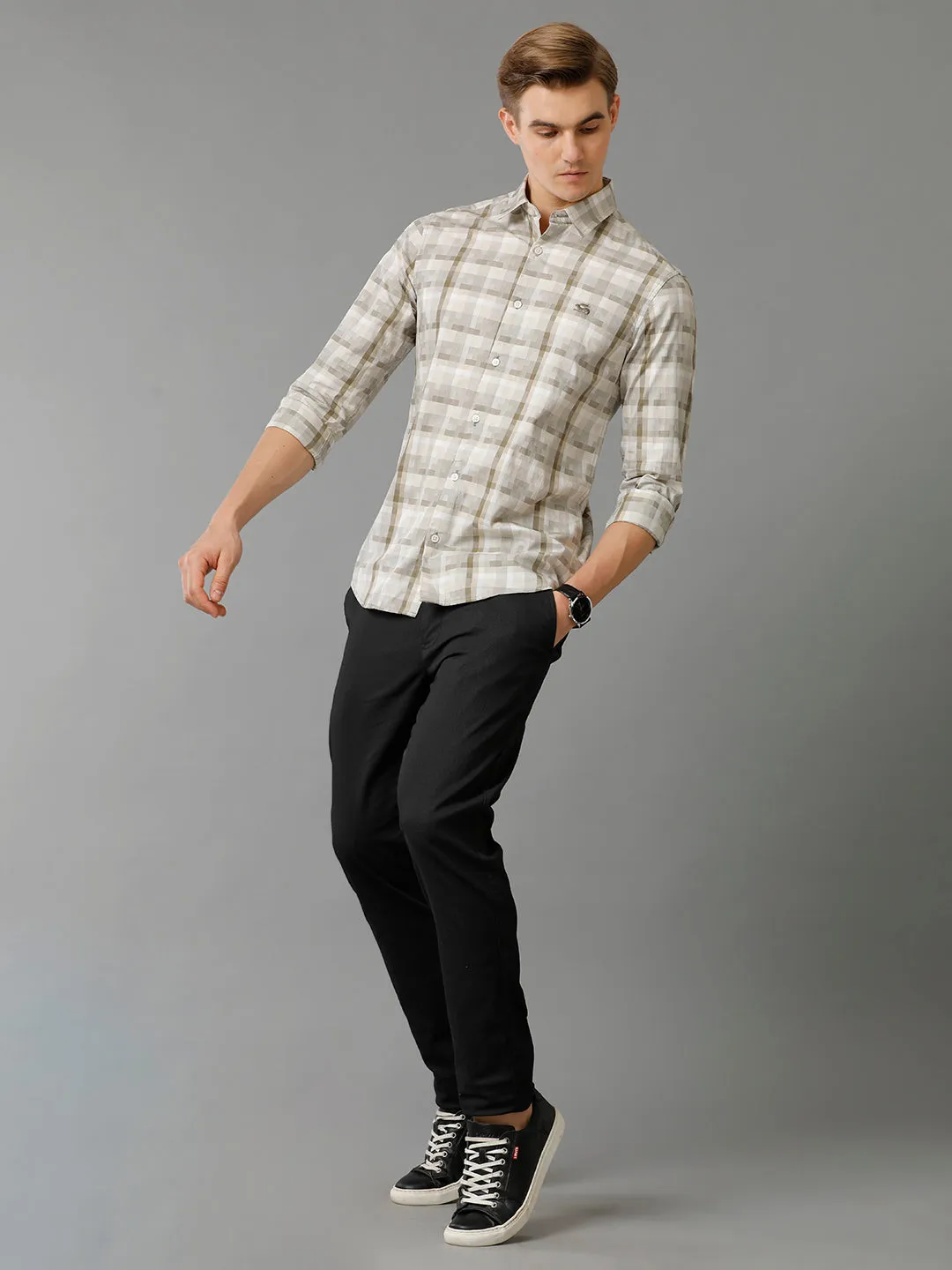 Men Brown Checked Slim Fit Giza Cotton Casual Shirt