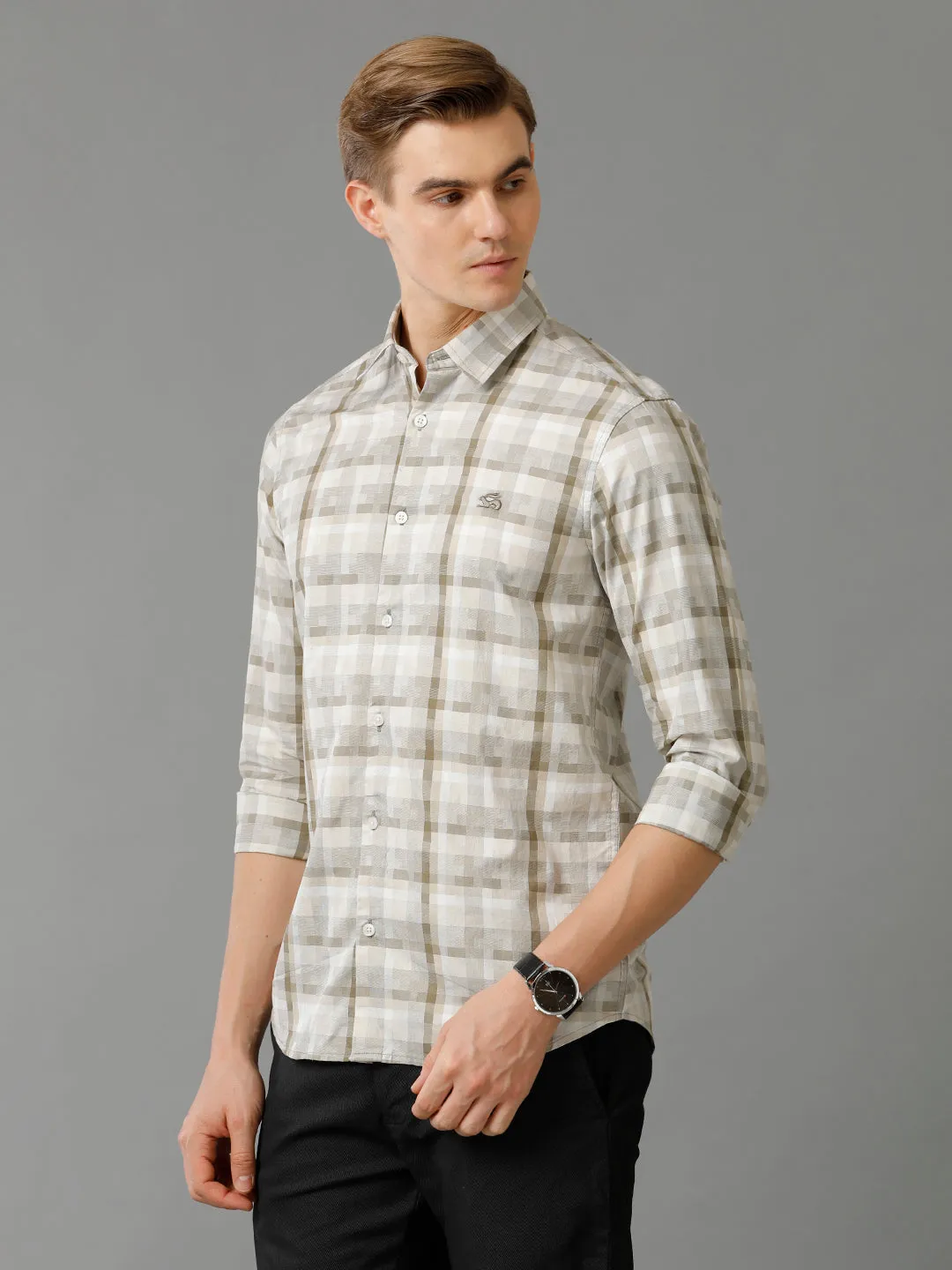 Men Brown Checked Slim Fit Giza Cotton Casual Shirt