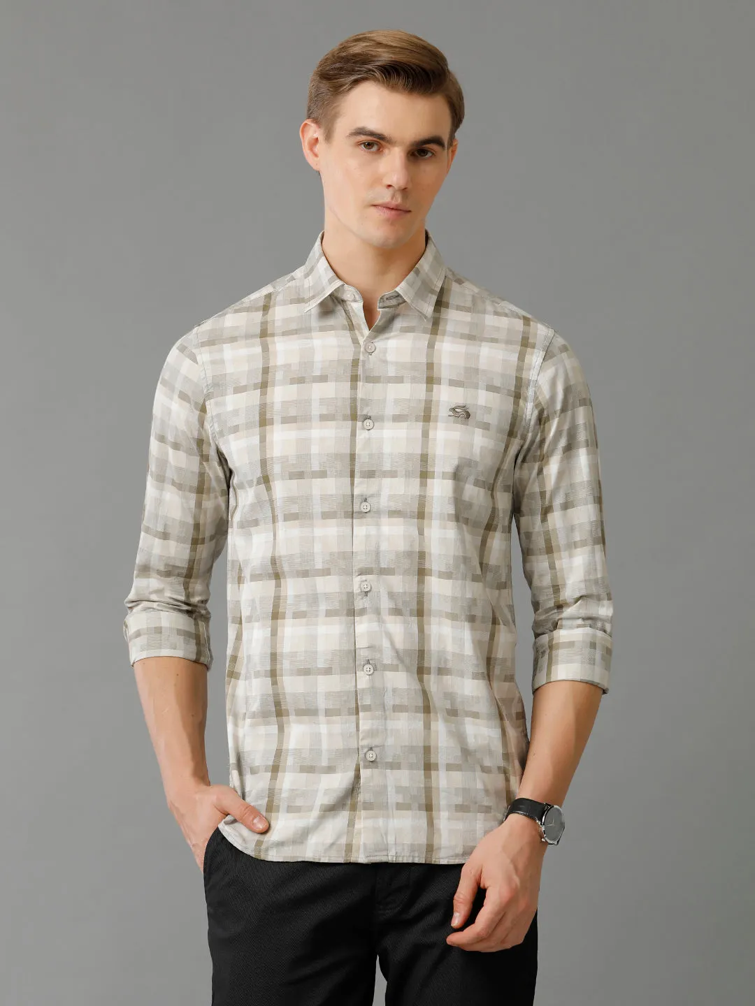 Men Brown Checked Slim Fit Giza Cotton Casual Shirt