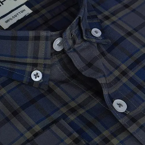 Men's 100% Cotton Plaid Checkered Full Sleeves Shirt (Blue)