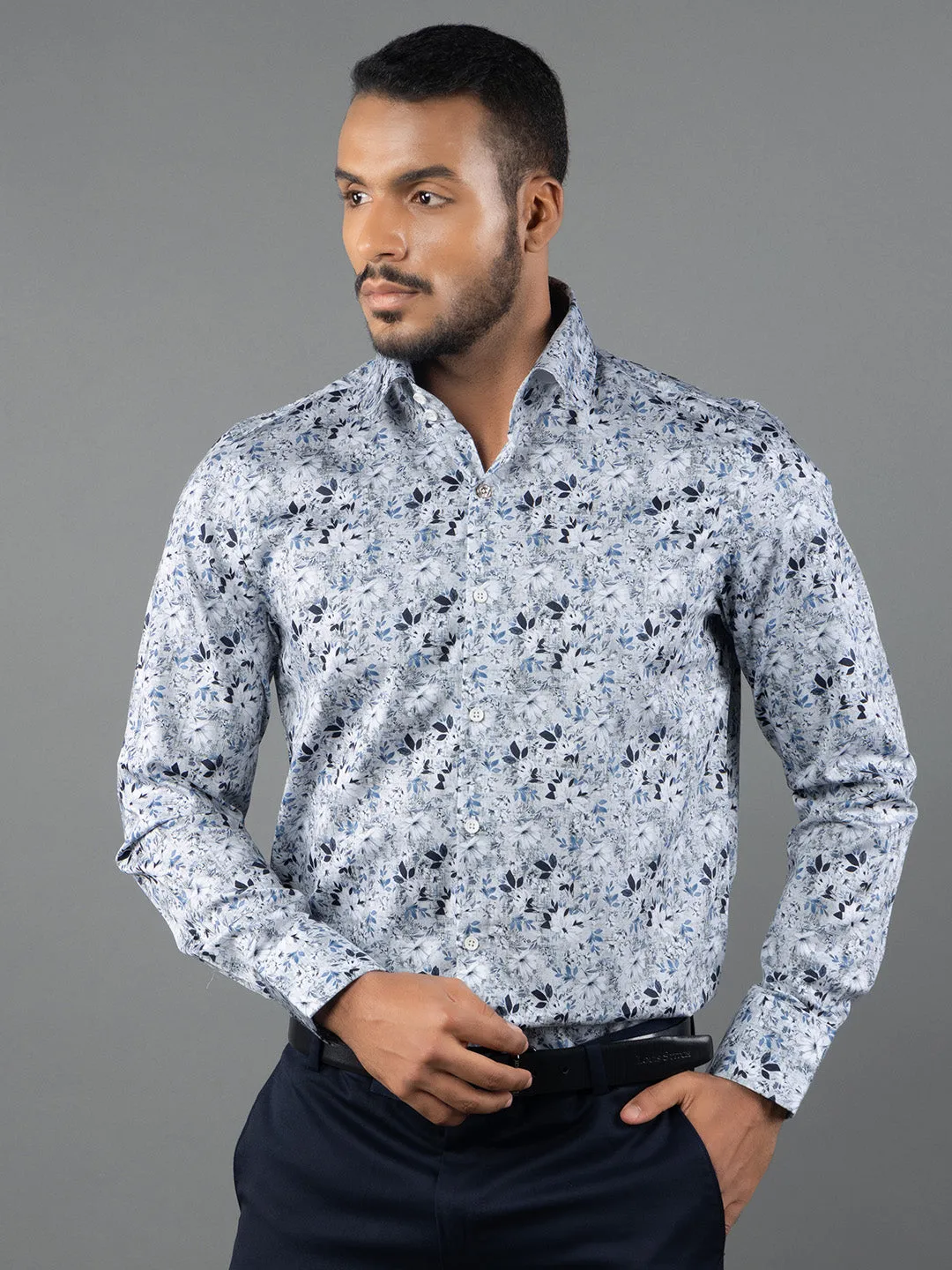 Men's Regular Fit Floral Blue Formal Shirt