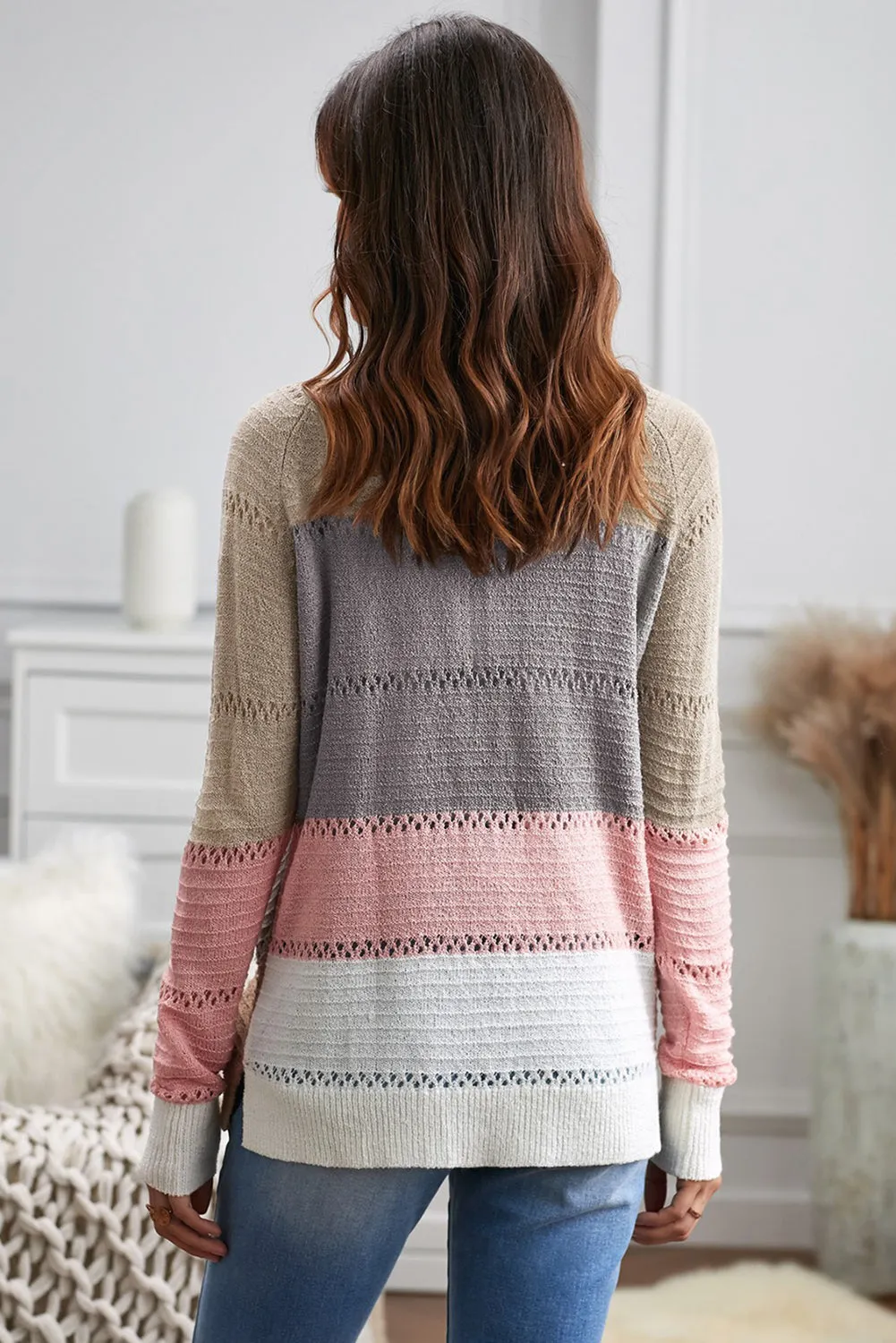 Multicolor V-neck Color Block Button Closure Eyelet Cardigan