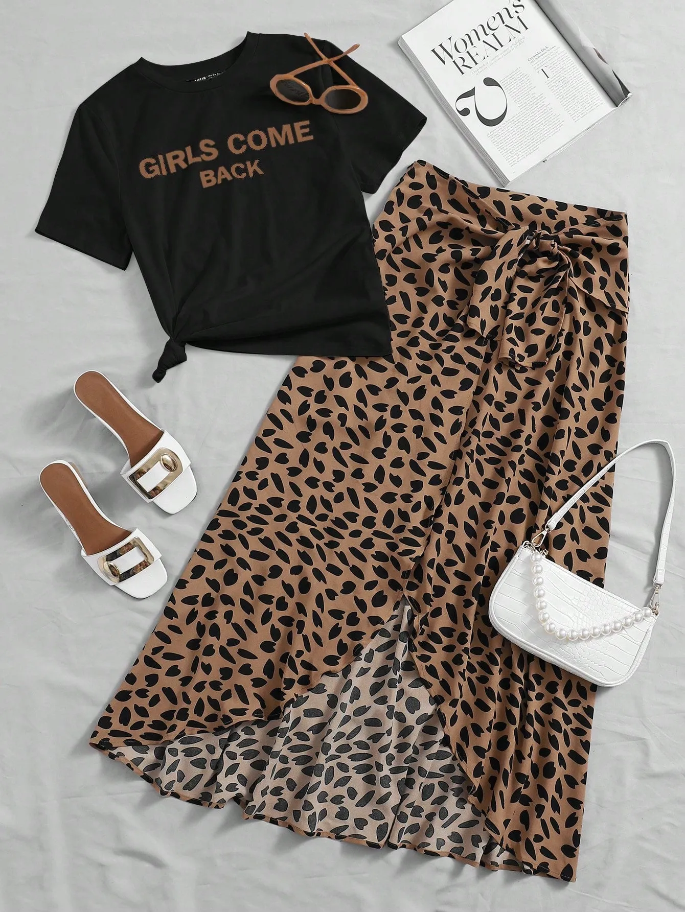 Mulvari Letter Graphic Top & Tie Front Asymmetrical Hem Allover Print Skirt Set