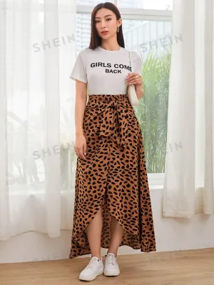 Mulvari Letter Graphic Top & Tie Front Asymmetrical Hem Allover Print Skirt Set