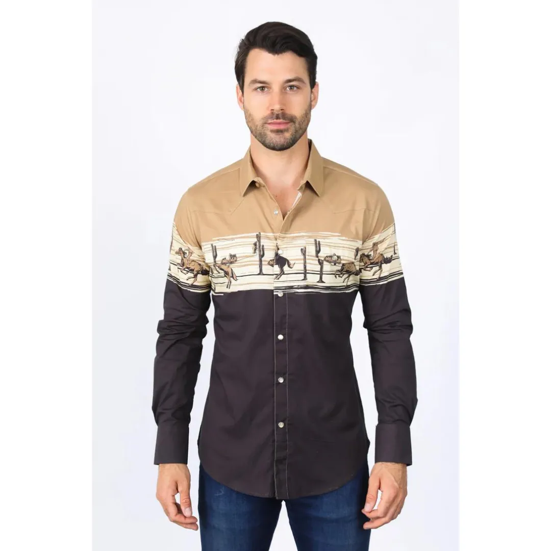 Platini Men's Modern Fit Cotton Stretch Rodeo Panoramic Shirt - Khaki