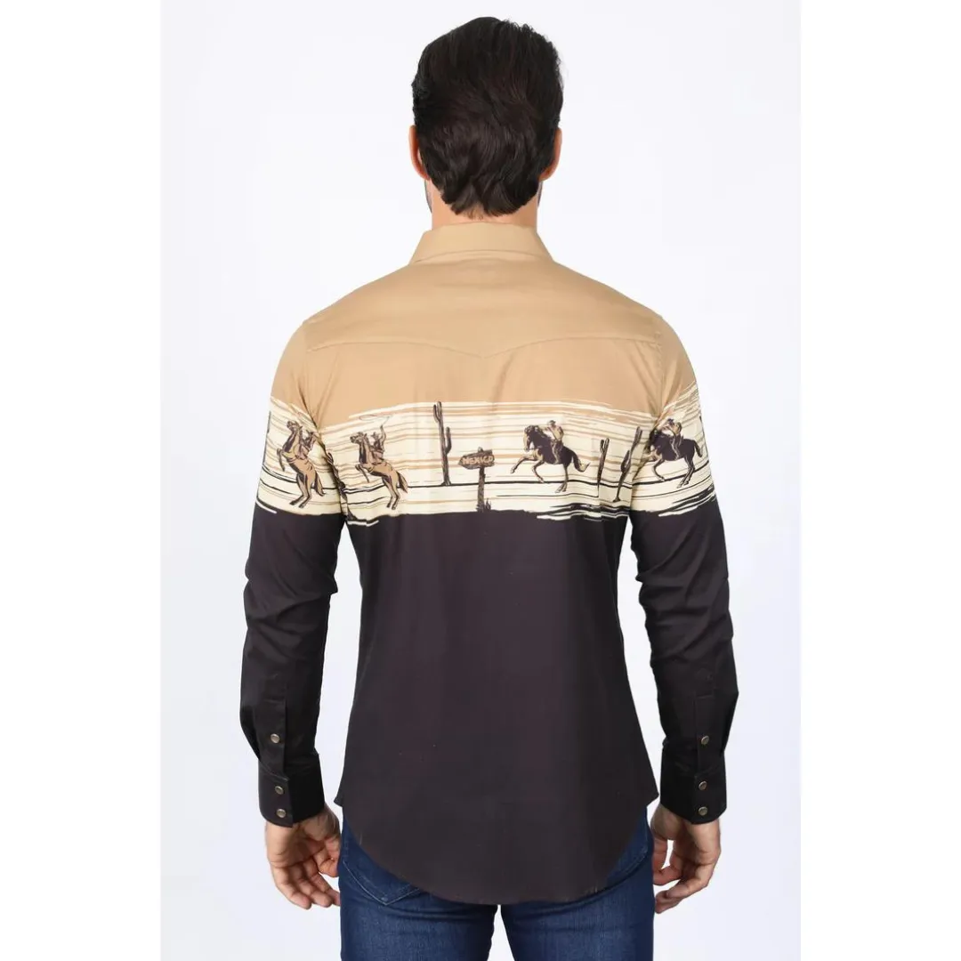 Platini Men's Modern Fit Cotton Stretch Rodeo Panoramic Shirt - Khaki