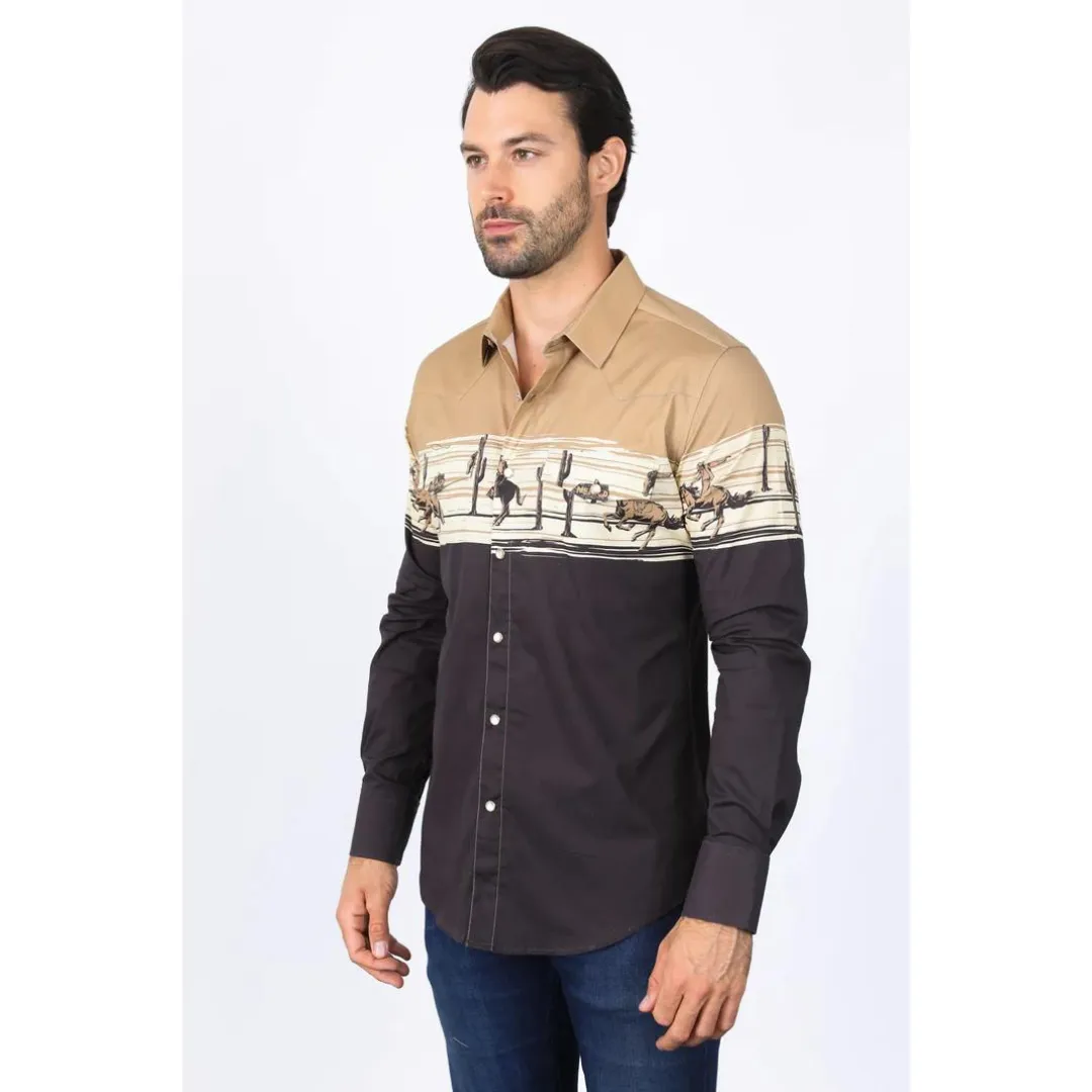 Platini Men's Modern Fit Cotton Stretch Rodeo Panoramic Shirt - Khaki