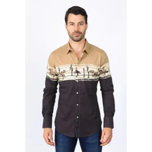 Platini Men's Modern Fit Cotton Stretch Rodeo Panoramic Shirt - Khaki