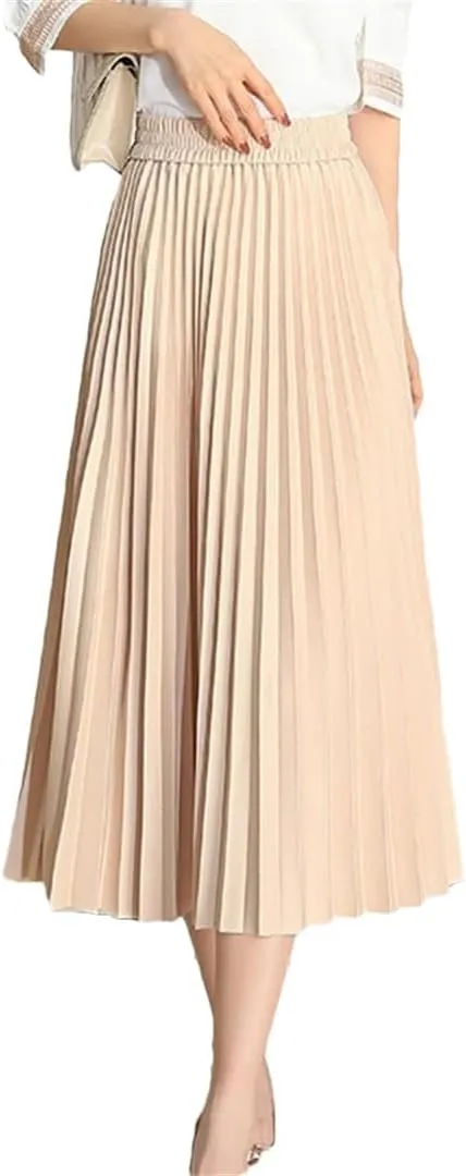 Pleated Skirts Women Spring Summer Casual Elastic High Waist Midi Long Skirts Fashion Ladies Party Work Skirts