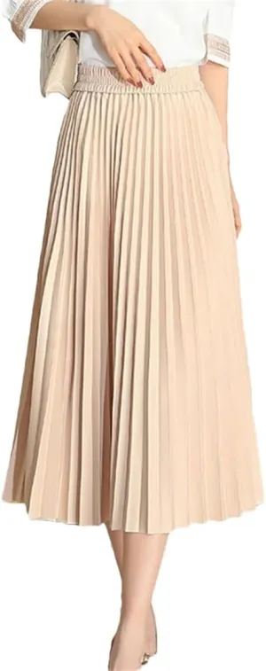 Pleated Skirts Women Spring Summer Casual Elastic High Waist Midi Long Skirts Fashion Ladies Party Work Skirts