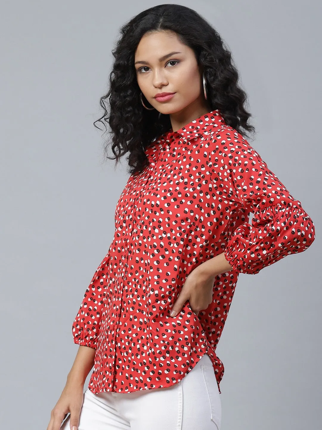 plusS Stunning Red and Black Printed Three-Quarter Sleeves Shirt