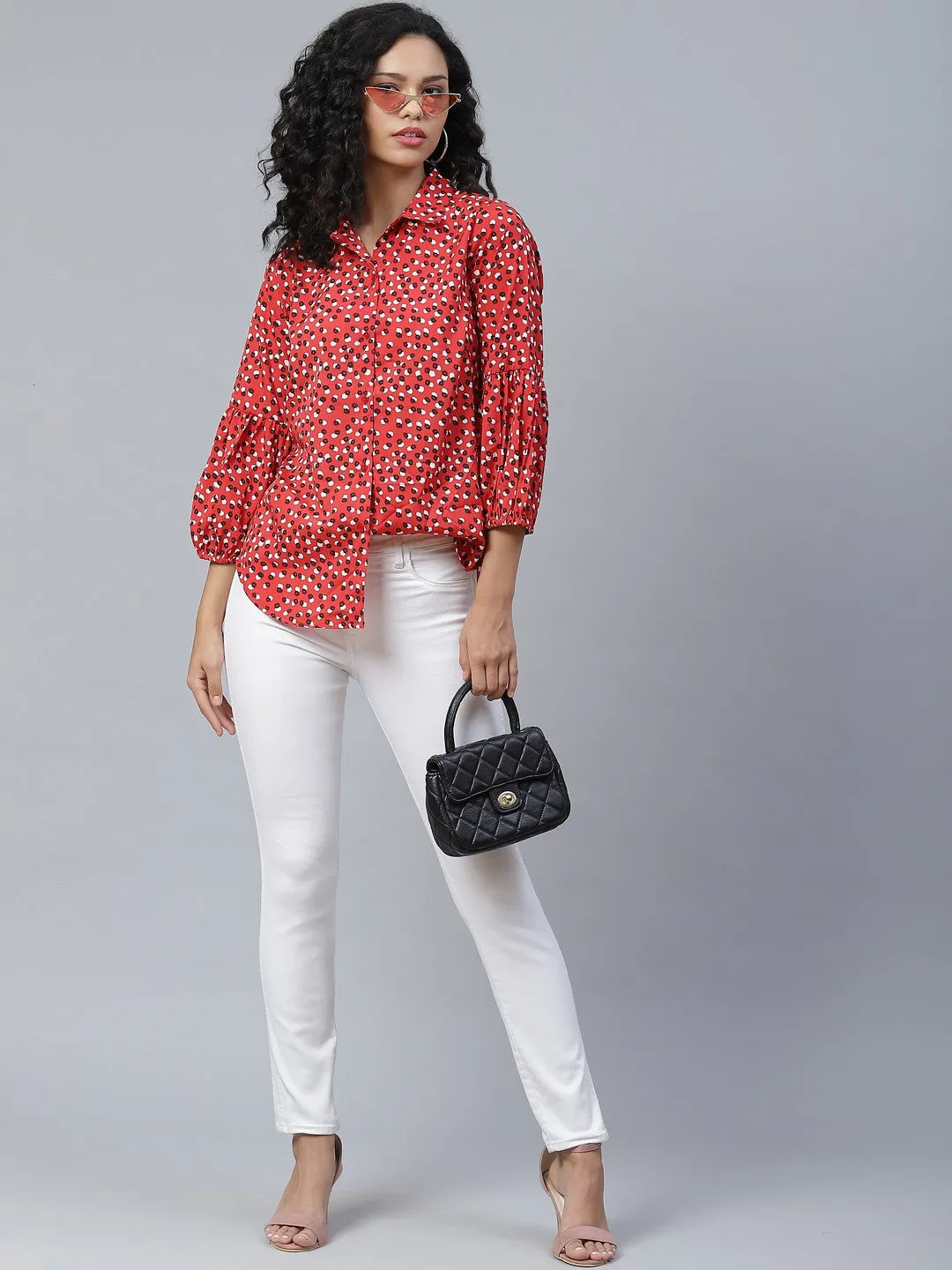 plusS Stunning Red and Black Printed Three-Quarter Sleeves Shirt