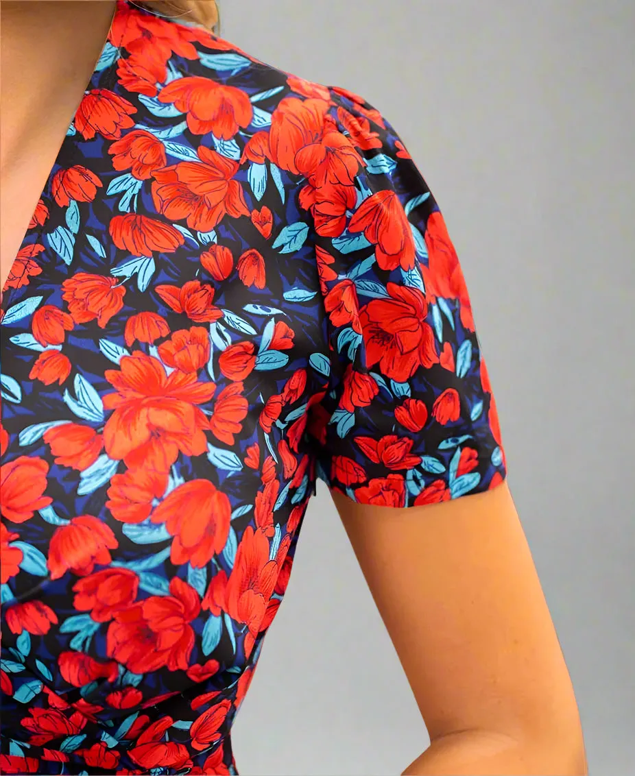 Red Floral Wrap Midi Dress