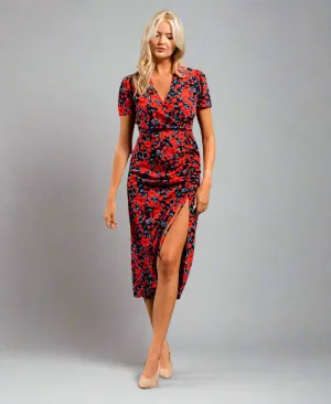 Red Floral Wrap Midi Dress