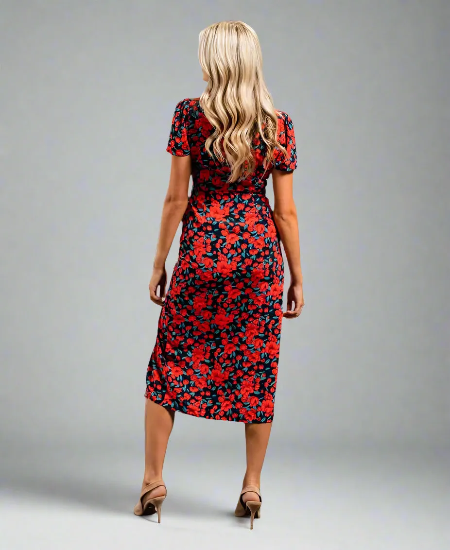 Red Floral Wrap Midi Dress