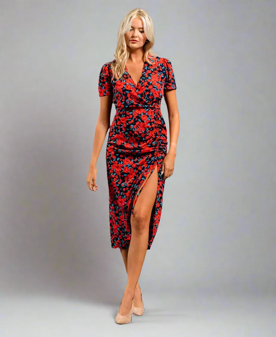 Red Floral Wrap Midi Dress
