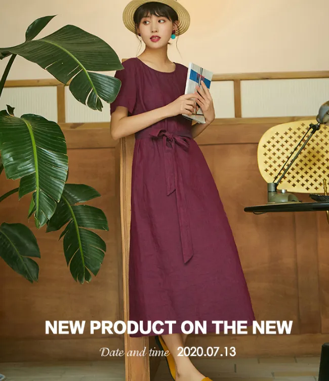 Red Women Dresses, Summer Linen With Belt, Mid Length Women Dresses 7215