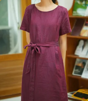 Red Women Dresses, Summer Linen With Belt, Mid Length Women Dresses 7215