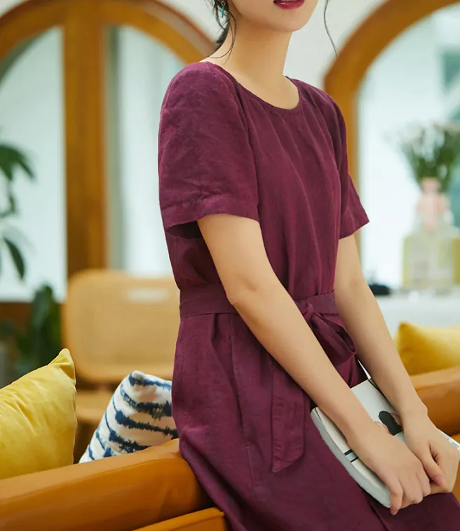 Red Women Dresses, Summer Linen With Belt, Mid Length Women Dresses 7215