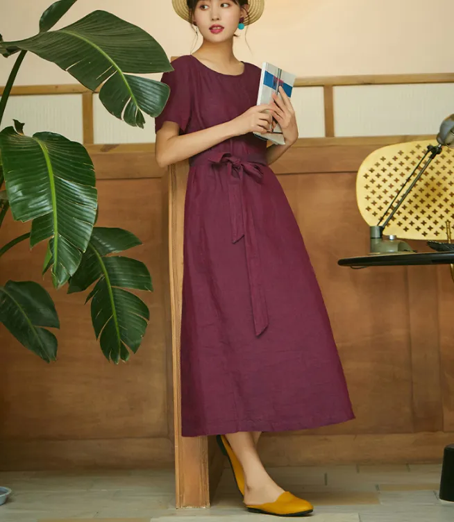 Red Women Dresses, Summer Linen With Belt, Mid Length Women Dresses 7215