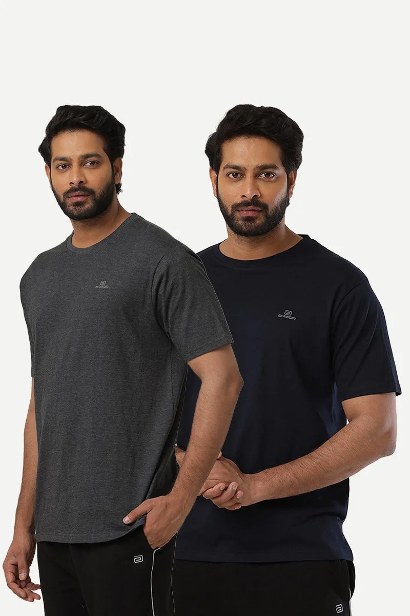 Round Neck - Charcoal Melange and Navy Blue Solid T-Shirt Pack Of 2 Combo For Men | Ariser