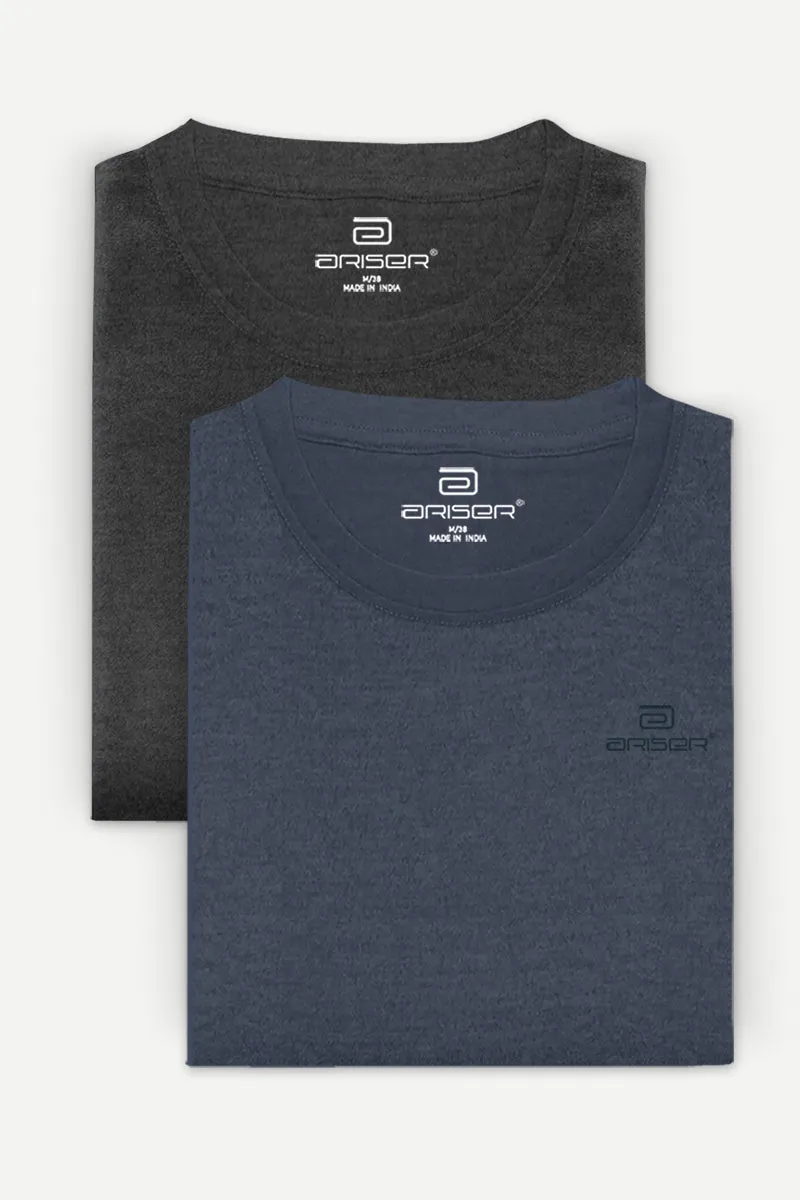 Round Neck - Charcoal Melange and Navy Melange Solid T-Shirt Pack Of 2 Combo For Men | Ariser