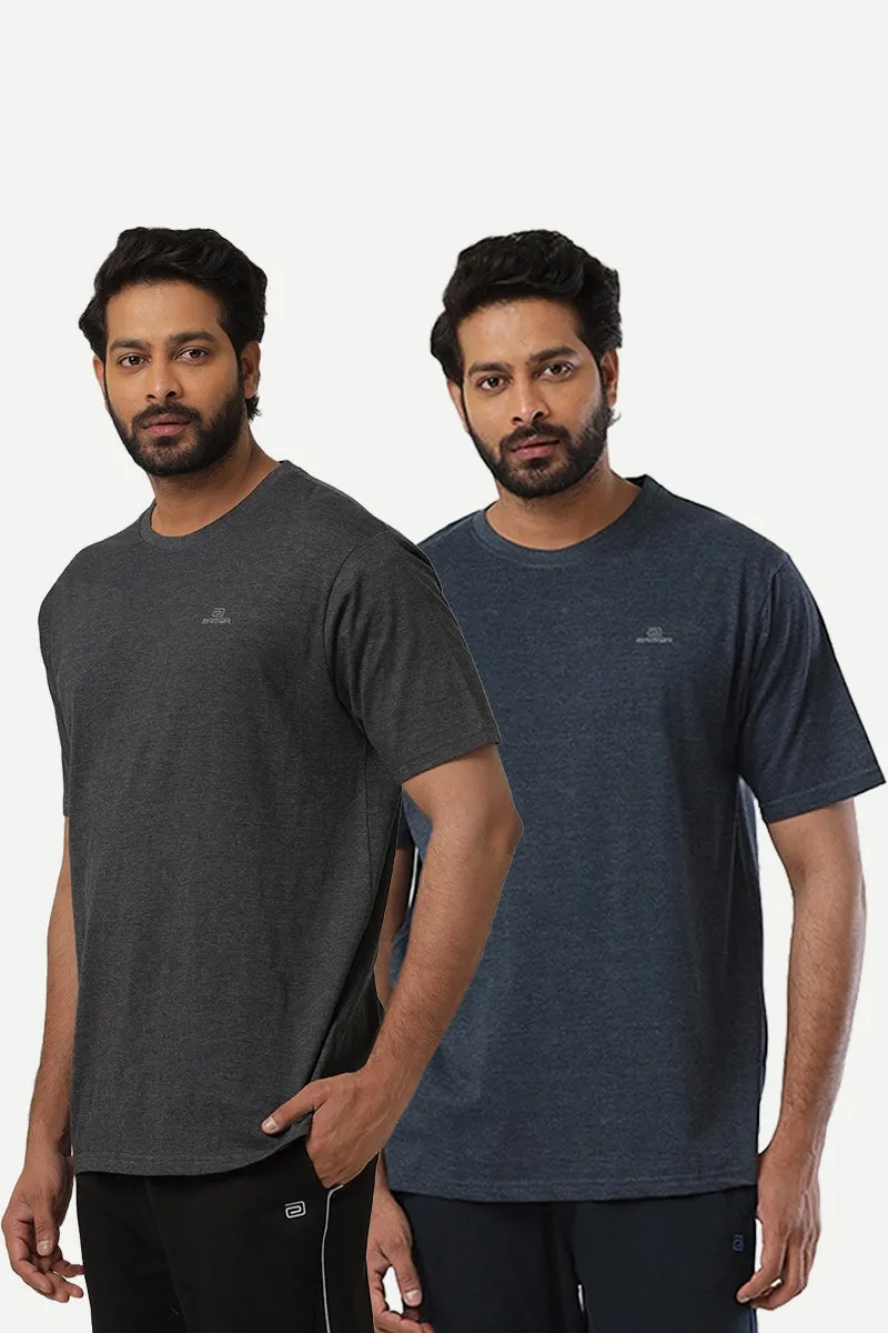 Round Neck - Charcoal Melange and Navy Melange Solid T-Shirt Pack Of 2 Combo For Men | Ariser