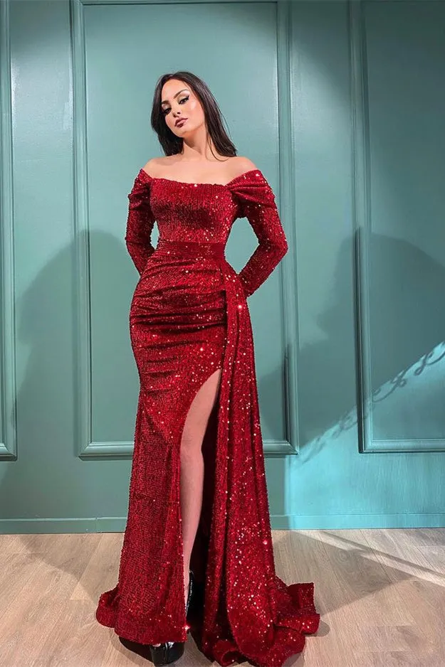 Sexy Off The Shoulder Front-Split Prom Dresses With Long Sleeves