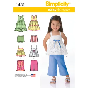 Simplicity Pattern 1451 Toddlers' Dresses, Top, Cropped Trousers and Shorts