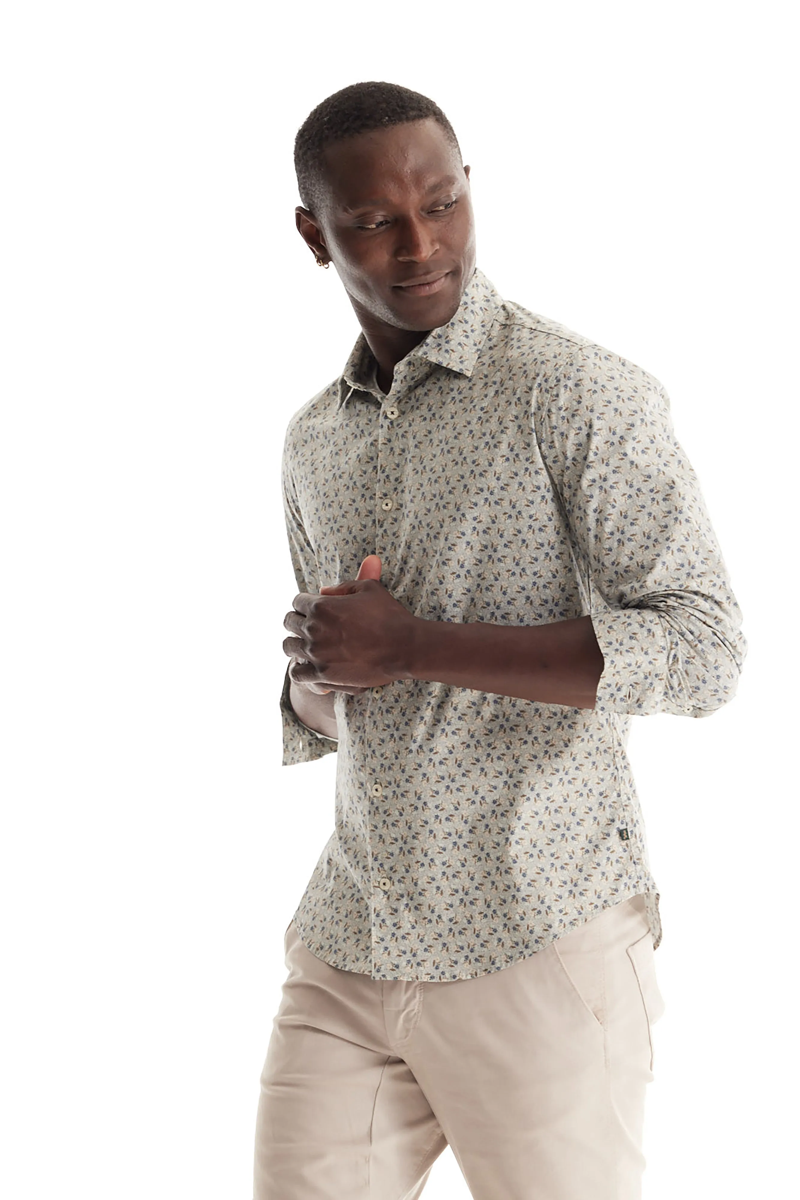 Soft Cloth Point Collar Shirt in Italian Woven Fabric - Navy Flower Dot