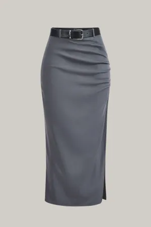Split Thigh Belted Ruched Skirt