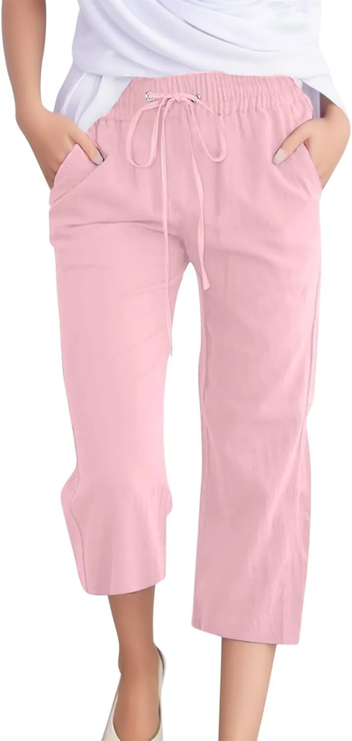Straight Leg Dress Pants for Women,ofertas del Dia de hoy relampago Capri Pants for Women Casual Summer Cotton Linen Capris Drawstring Elastic High Waist Pants Wide Leg Cropped Trouser Pink XL
