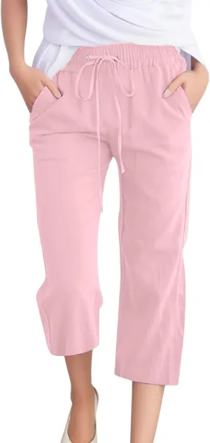 Straight Leg Dress Pants for Women,ofertas del Dia de hoy relampago Capri Pants for Women Casual Summer Cotton Linen Capris Drawstring Elastic High Waist Pants Wide Leg Cropped Trouser Pink XL