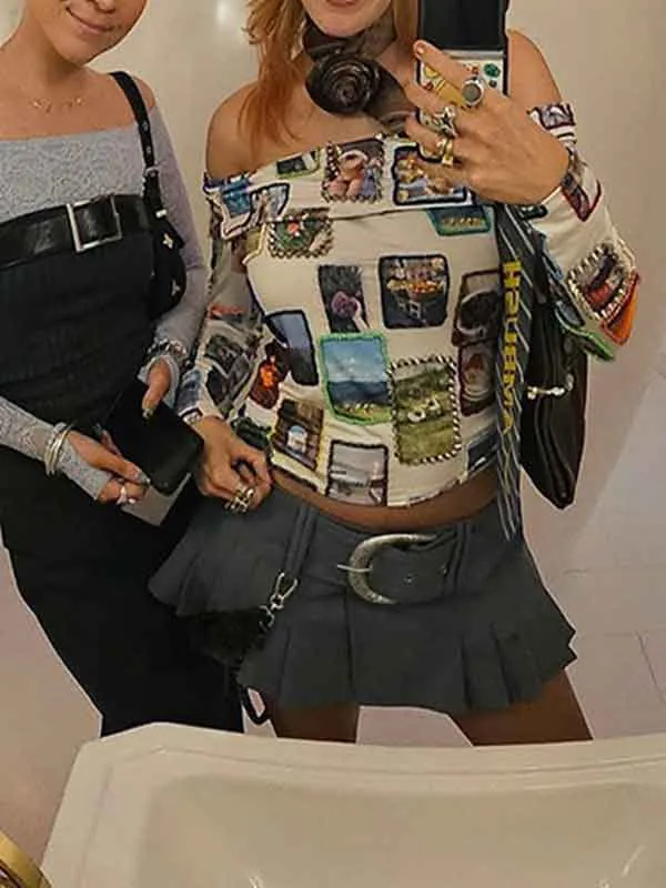 Stylish Printed Off Shoulder T-Shirt