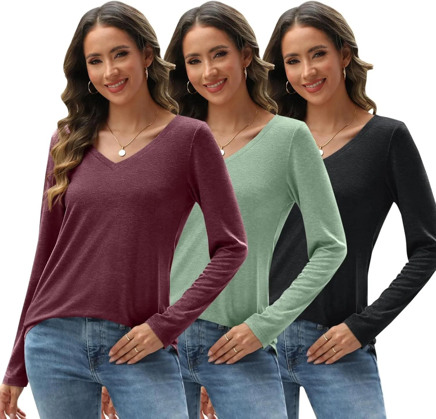 SUNBS 3 Pack Womens Long Sleeve Shirts V Neck Tops Loose Fit Causal Fall Fashion Outfits Trendy Clothes Winter 2025