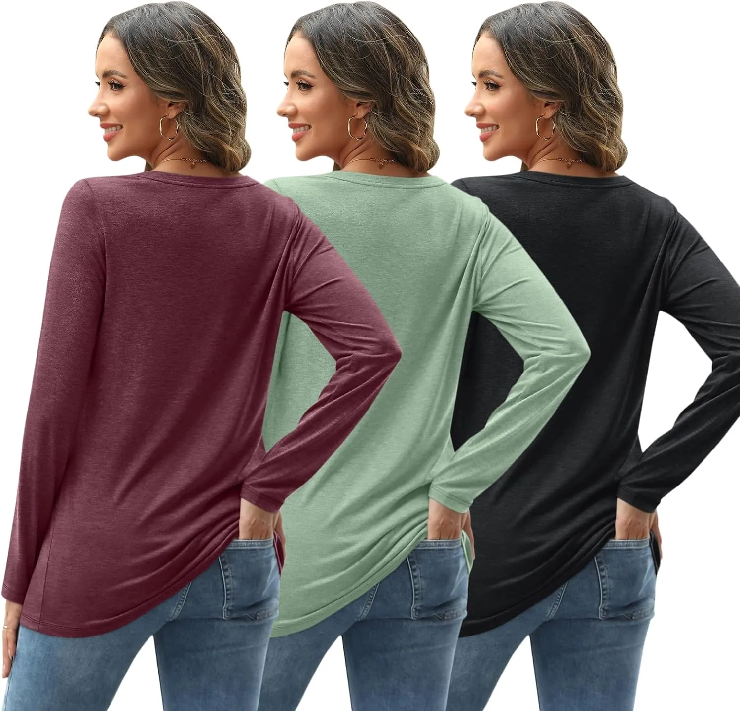 SUNBS 3 Pack Womens Long Sleeve Shirts V Neck Tops Loose Fit Causal Fall Fashion Outfits Trendy Clothes Winter 2025