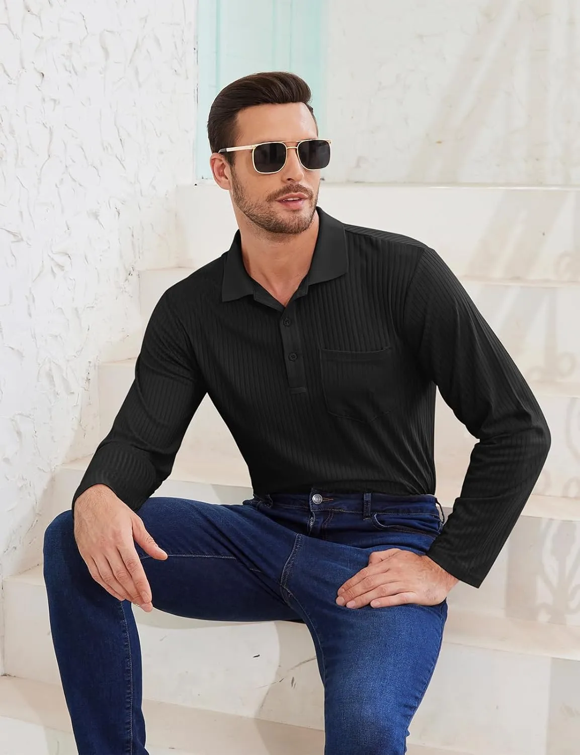Tanst Sky Men's Polo Shirts Long Sleeve Collared V Neck Pocket Knit Tops Business Casual Golf Slim Fit Clothes
