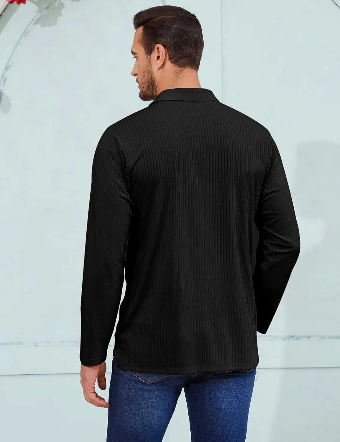 Tanst Sky Men's Polo Shirts Long Sleeve Collared V Neck Pocket Knit Tops Business Casual Golf Slim Fit Clothes